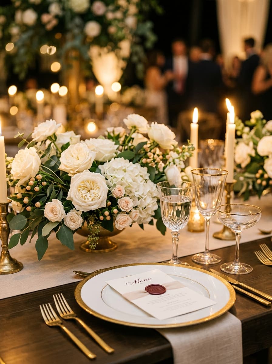 Elegant luxury table setting with white roses, gold plates and crystal glasses