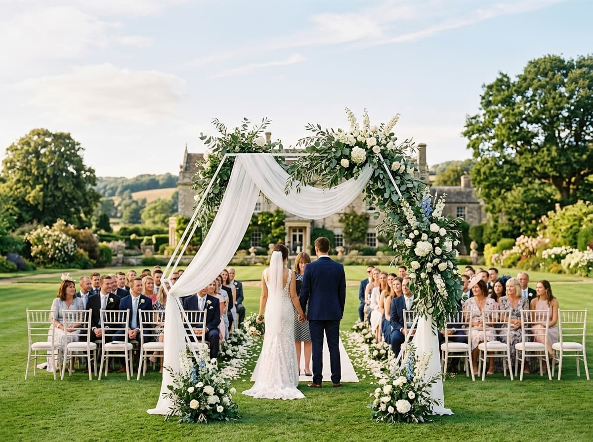 Elegant outdoor wedding ceremony with geometric arch and lush greenery at a garden estate