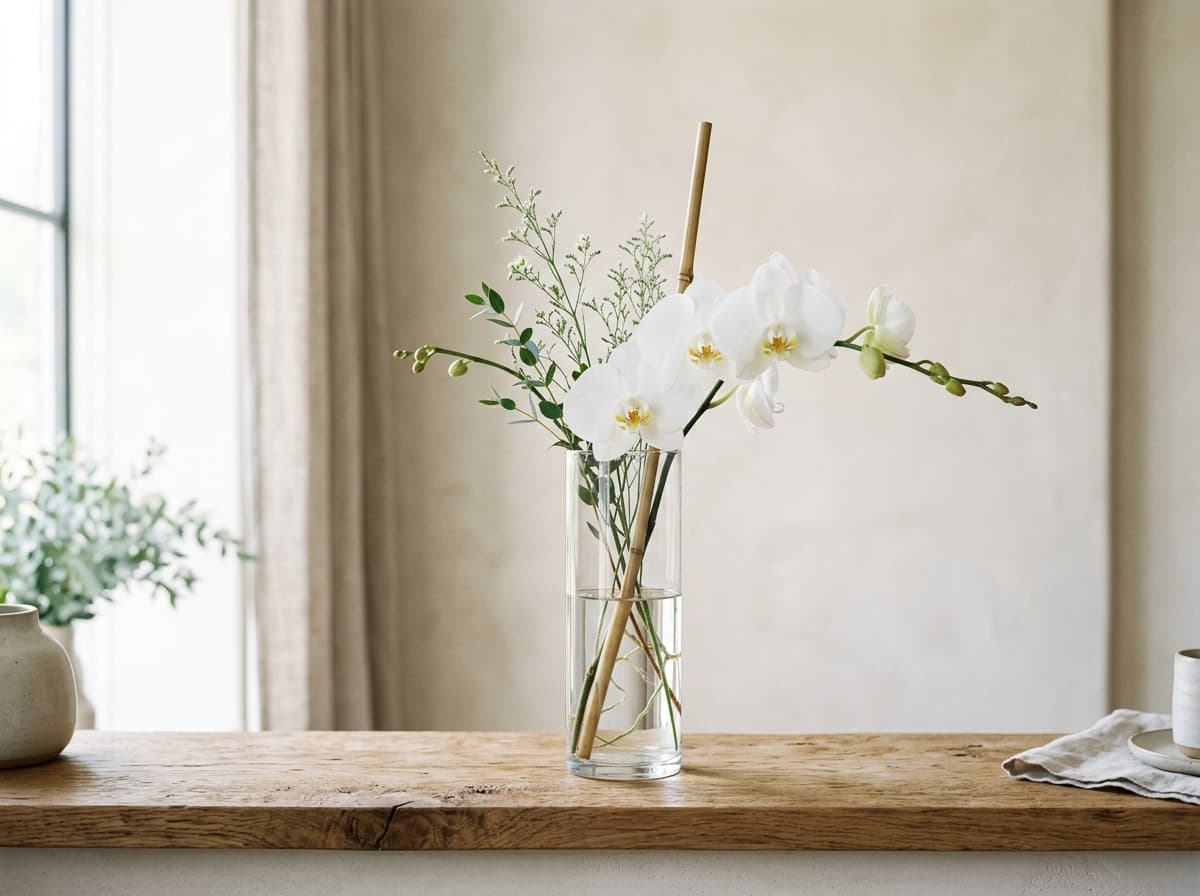Minimalist white orchid arrangement in glass cylinder vase on wooden surface