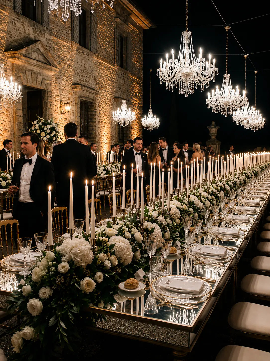 Candlelit Royal Malabar wedding dinner beneath crystal chandeliers